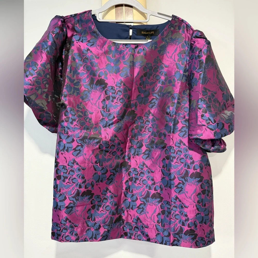 Sugarlips Purple Floral Puff Sleeve Blouse - Picture 1 of 5